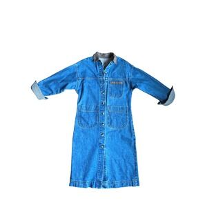 VTG 90s Long Blue Denim Duster Chore Coat Button Front Small USA Westerncore